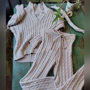 SHEIN V-Neck Cable Knit Sweater Set - Cream